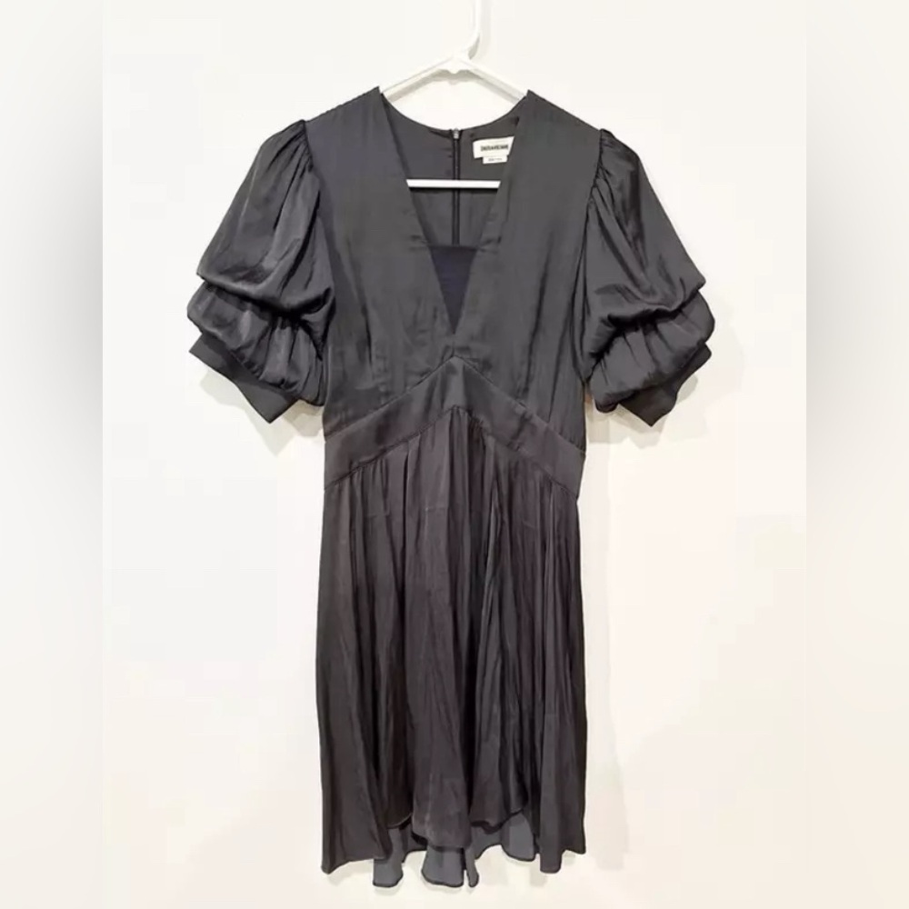 Zadig & Voltaire Royas Tiered Sleeve Satin Mini Dress in Black Size XS - Picture 5 of 14